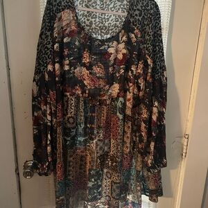 Umgee Dark Green Mixed Print Dress - Size 2x